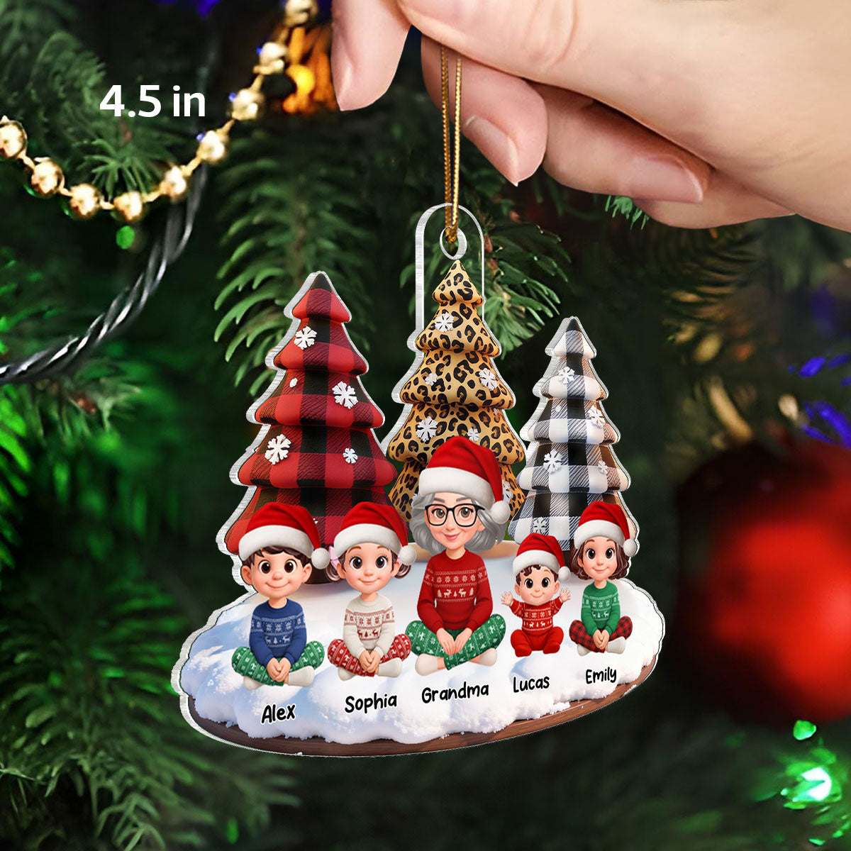 3D Effect Leopard Checkered Pattern Christmas Trees Grandma Grandkids Happy Together - Personalized Acrylic Ornament - Gift For Grandma, Grandkids