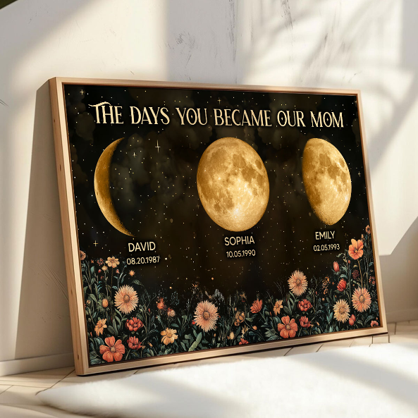 Vintage Flowers The Day You Become Mum Mom Grandma Custom Title And Nickname And Birth Moon Phase - Personalised Poster - Mother's Day Gift For Mum, Grandma