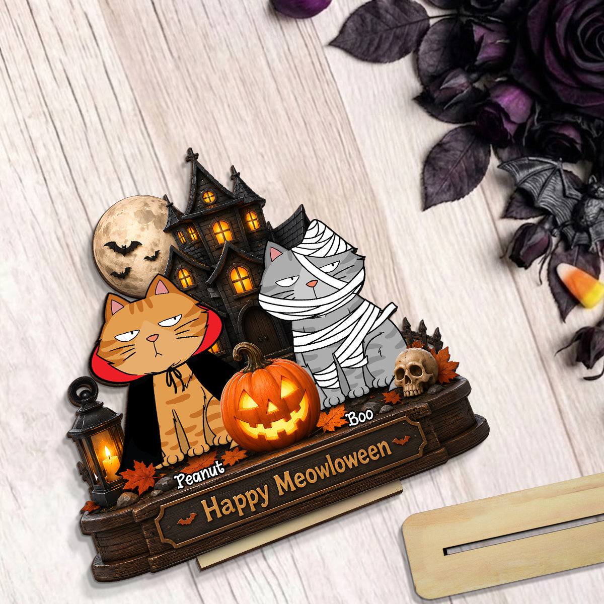 Happy Meowloween  Cats - Personalized 2-Layered Wooden Plaque - Halloween Spooky Decor for Cat Lovers