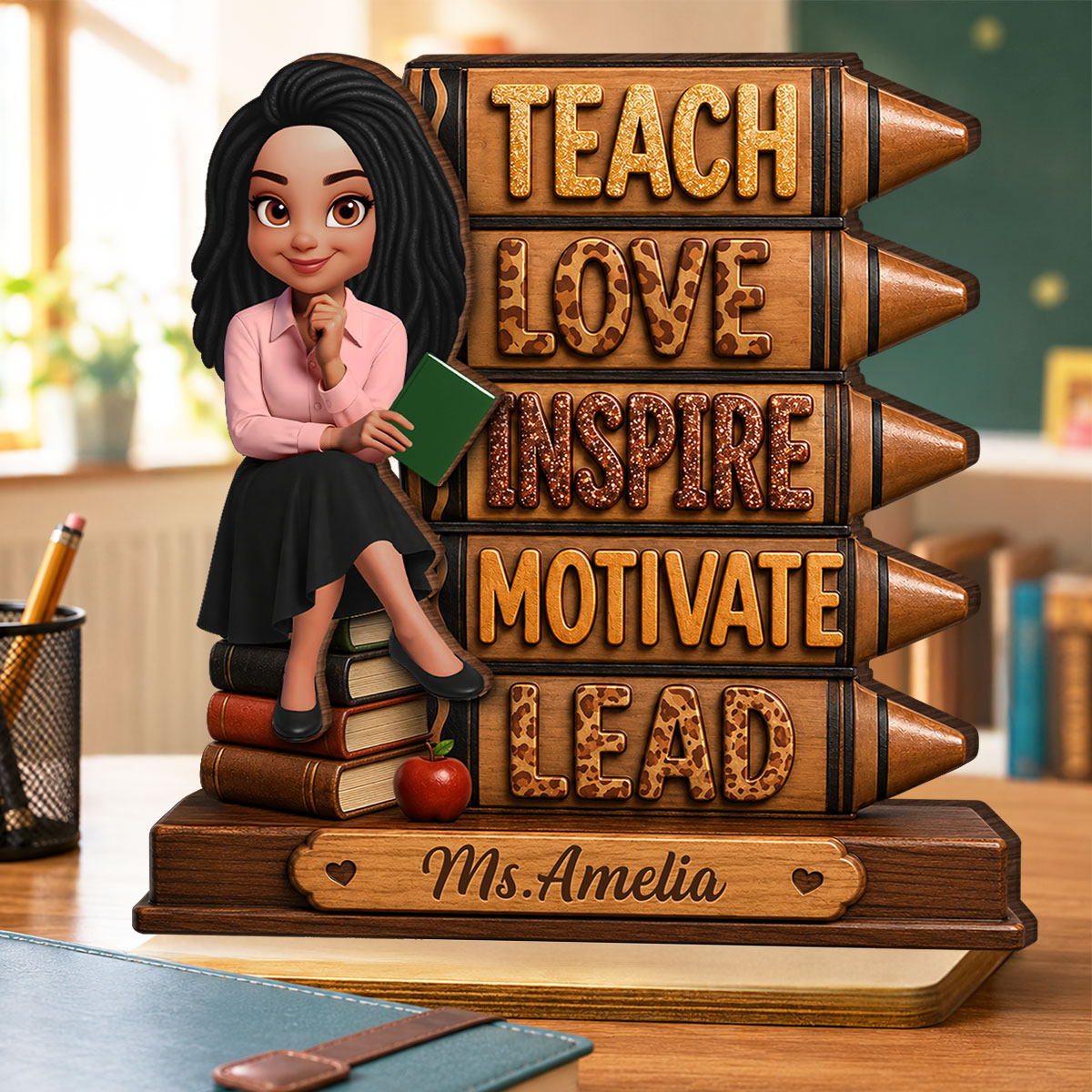 Teach Love Inspire Motivate Lead - Personalized 2-Layered Wooden Plaque - Back to School Gift for Teachers