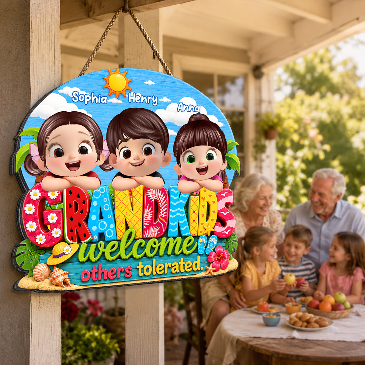 Grandkids Welcome Others Tolerated - Personalized Door Sign - Farmhouse Rustic Summer Decorations for Home