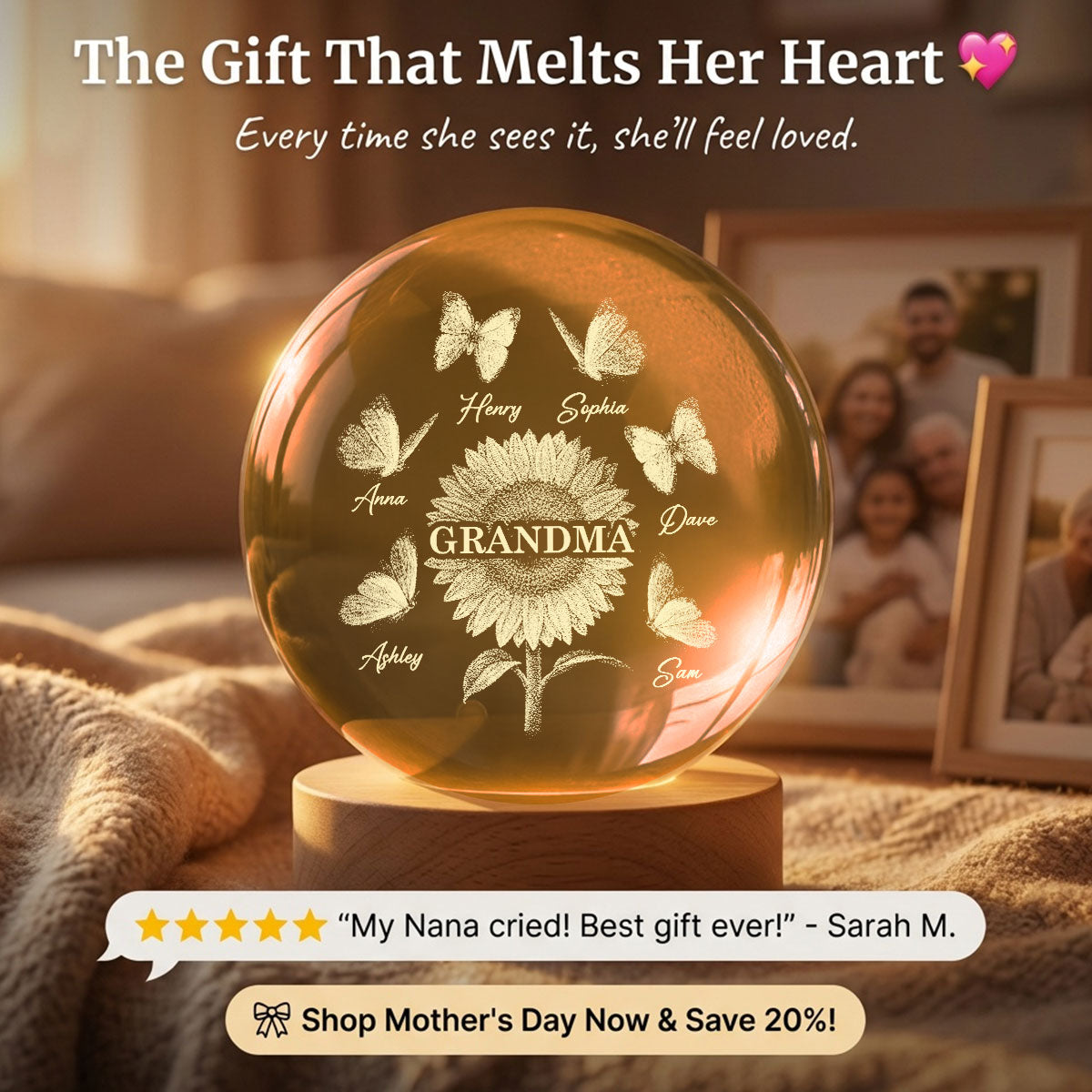 Sunflower Grandma Grandkids - Personalized Crystal Ball LED Night Light - Mother's Day Gift For Grandma