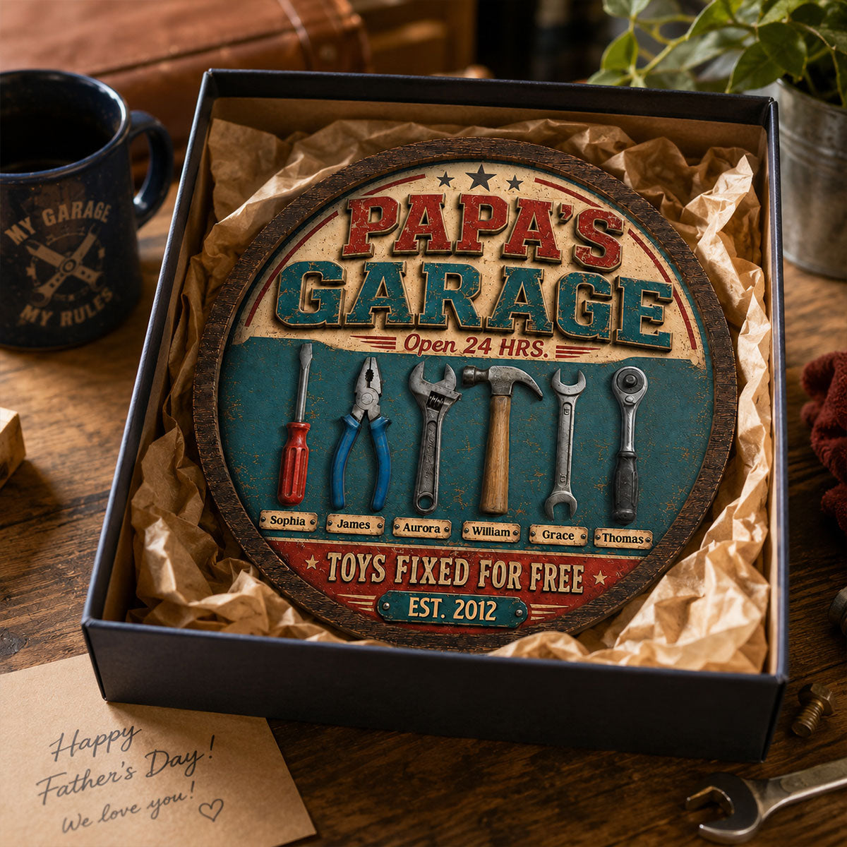 Papa Dad's Garage Toys Fixed For Free Custom Kid Name 2D Flat - Personalized 2-Layered Wooden Plaque -  Gift For Mechanic Dad, Grandpa