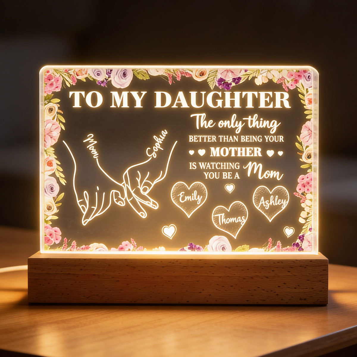 To My Daughter Mom And Daughter Holding Hands Custom Kids Names - Personalized Acrylic Block LED Night Light - Mother's Day Gift For Daughter