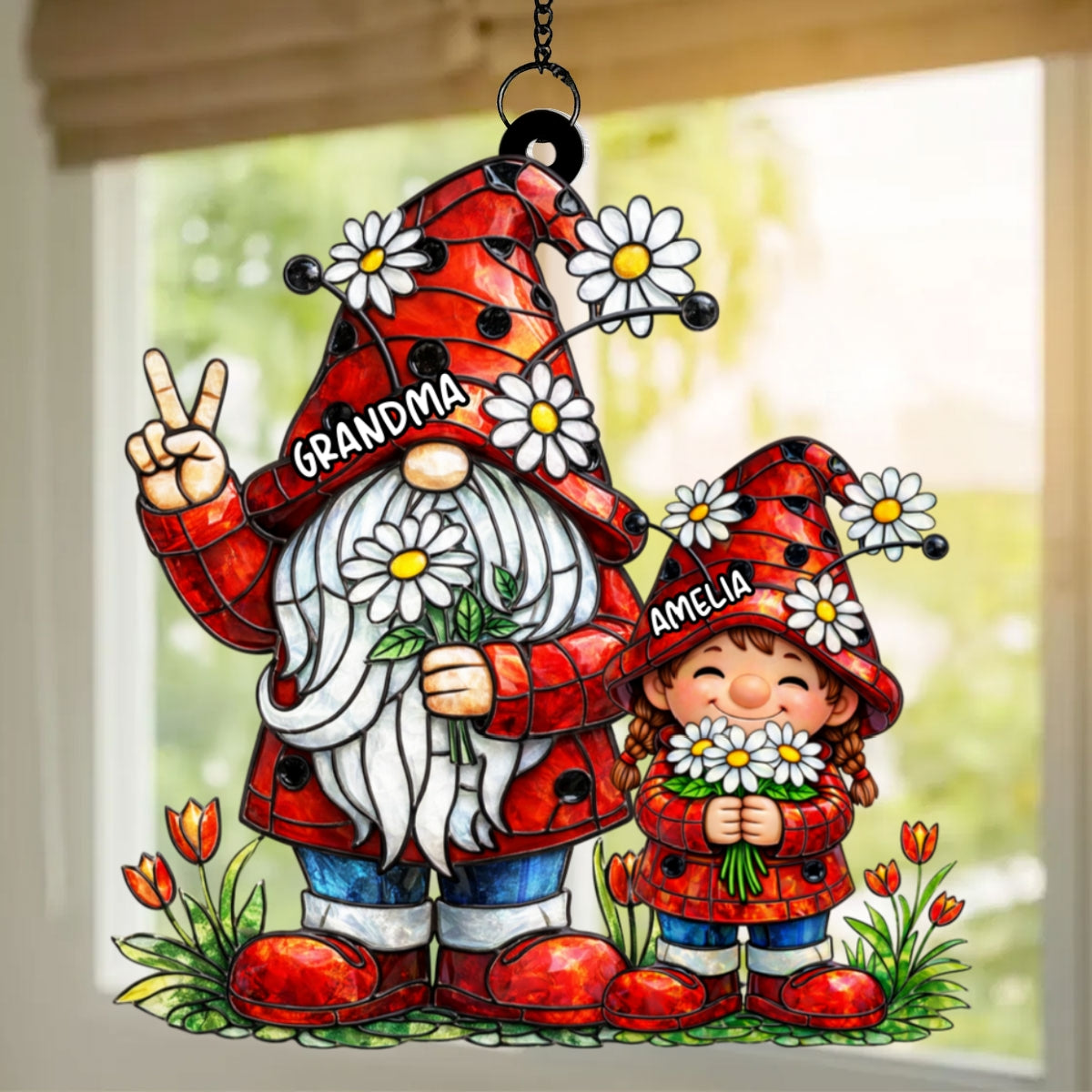 Grandma Grandkids Gnome Daisy Flowers - Personalized Suncatcher - Gift For Grandma