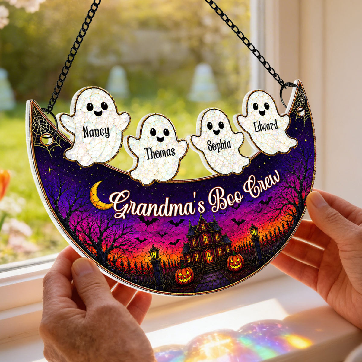 Grandma Boo Crew On Moon - Personalized Acrylic Window Hanging Decor - Halloween Decoration