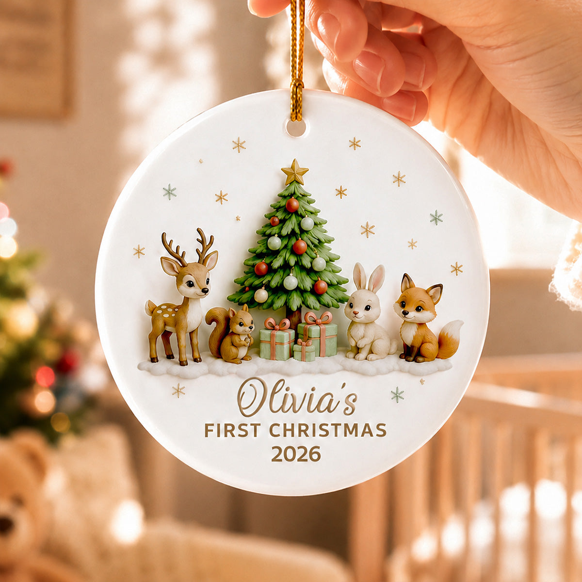 Baby’s First Christmas Tree & Woodland Animals 2D Flat - Personalized Ceramic Ornament - New Baby Christmas Keepsake