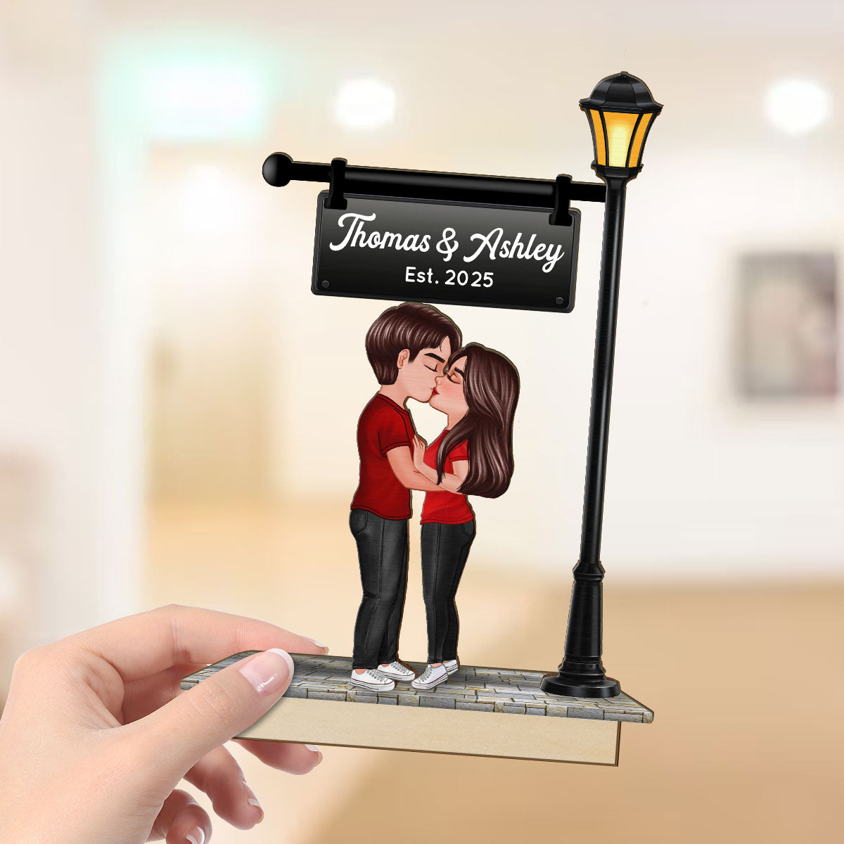 Eternal Love Couple Kissing Under Street Lamp Post - Personalized 2-Layer Wooden Plaque - Gift For Couple, Gift For Him, For Her
