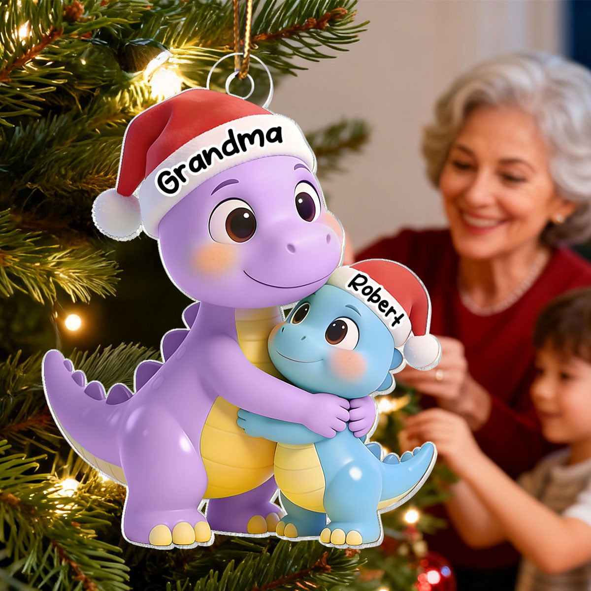3D Effect Heartwarming Happy Grandmasaurus With Dinosaur Grandkid - Personalized Acrylic Ornament - Gift For Grandkids