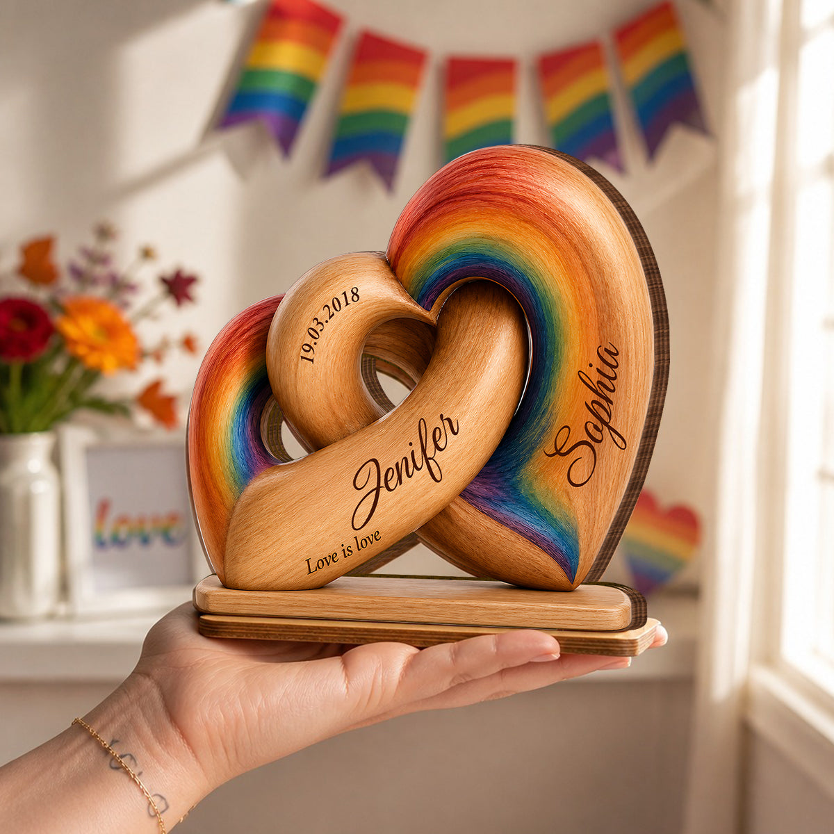 Interlocked Hearts Love is Love LGBT Couple - Personalized 2-Layered Wooden Plaque - Gift for Him, for Her
