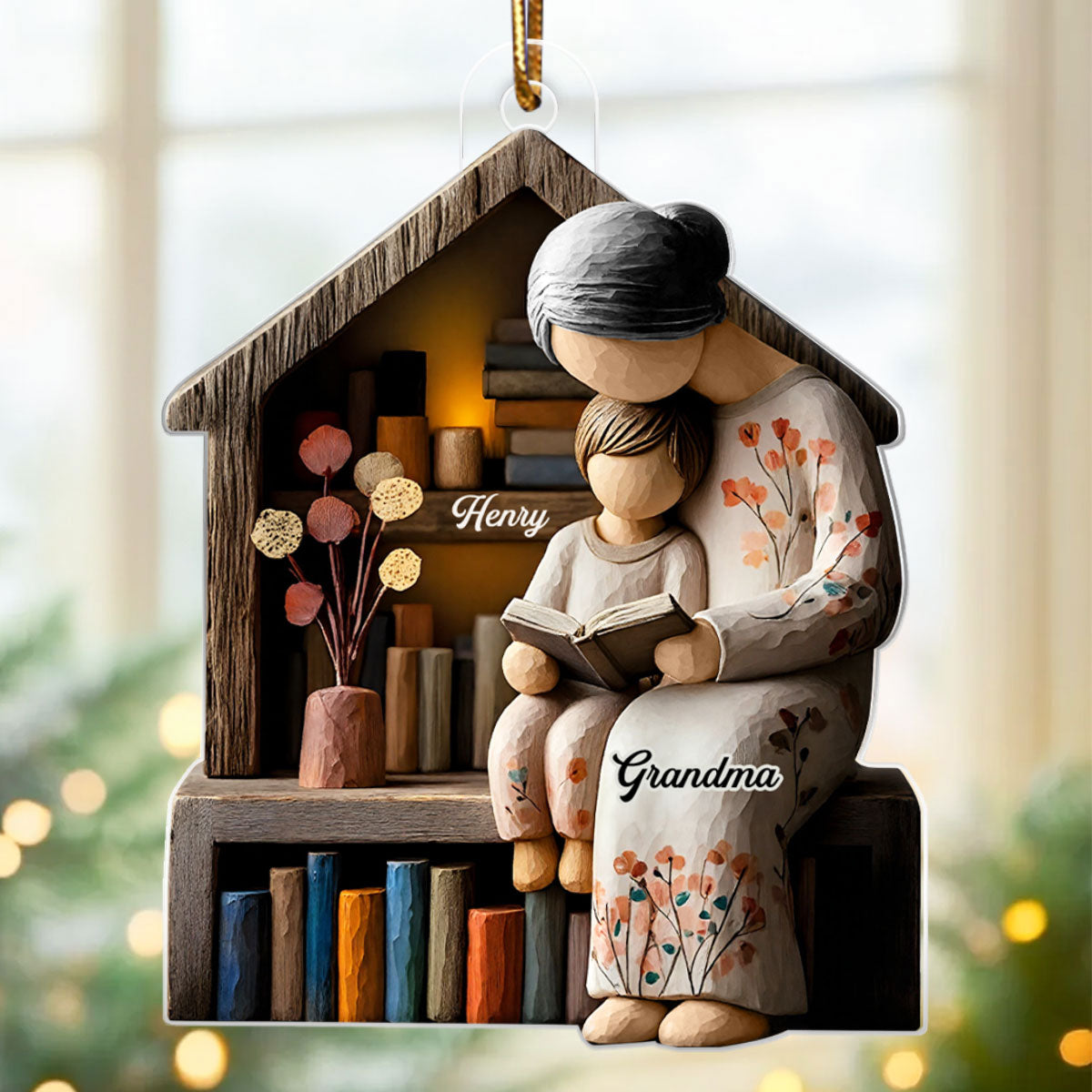 3D Effect Wooden Grandma Grandkid Reading Book - Personalized Acrylic Ornament - Heartwarming Christmas Gift For Grandma, For Family