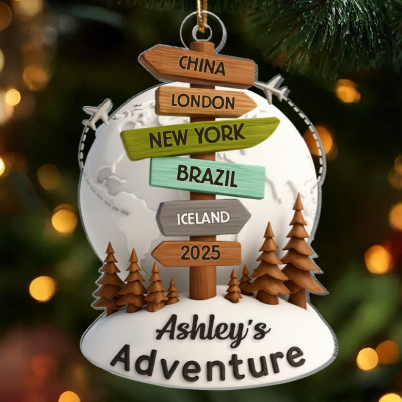 Traveling Destination Sign Post - Personalized Acrylic Ornament - Christmas Gift for Travelers