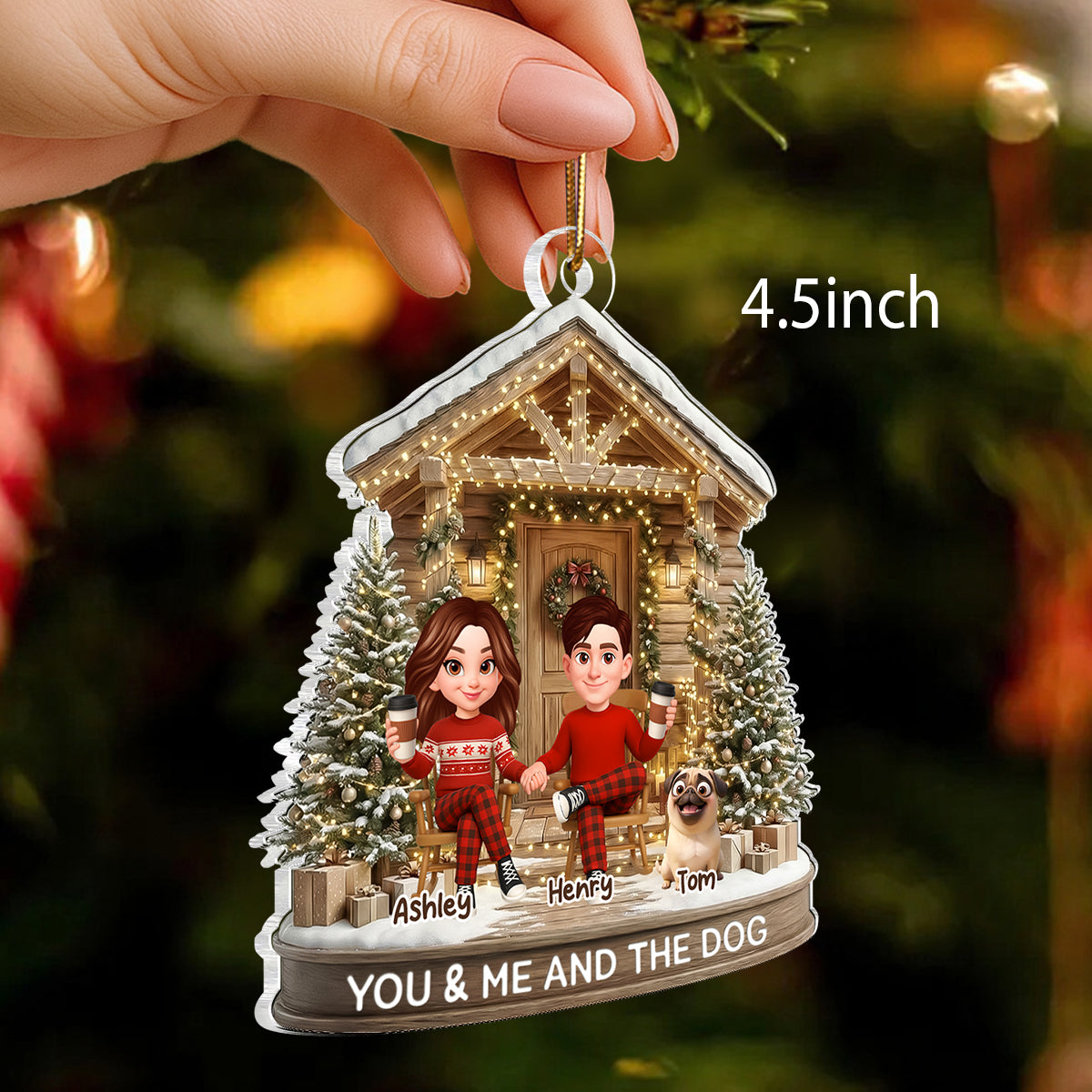 Couple And The Dogs Front Porch - Personalized Acrylic Ornament - Christmas Gift for him, for her