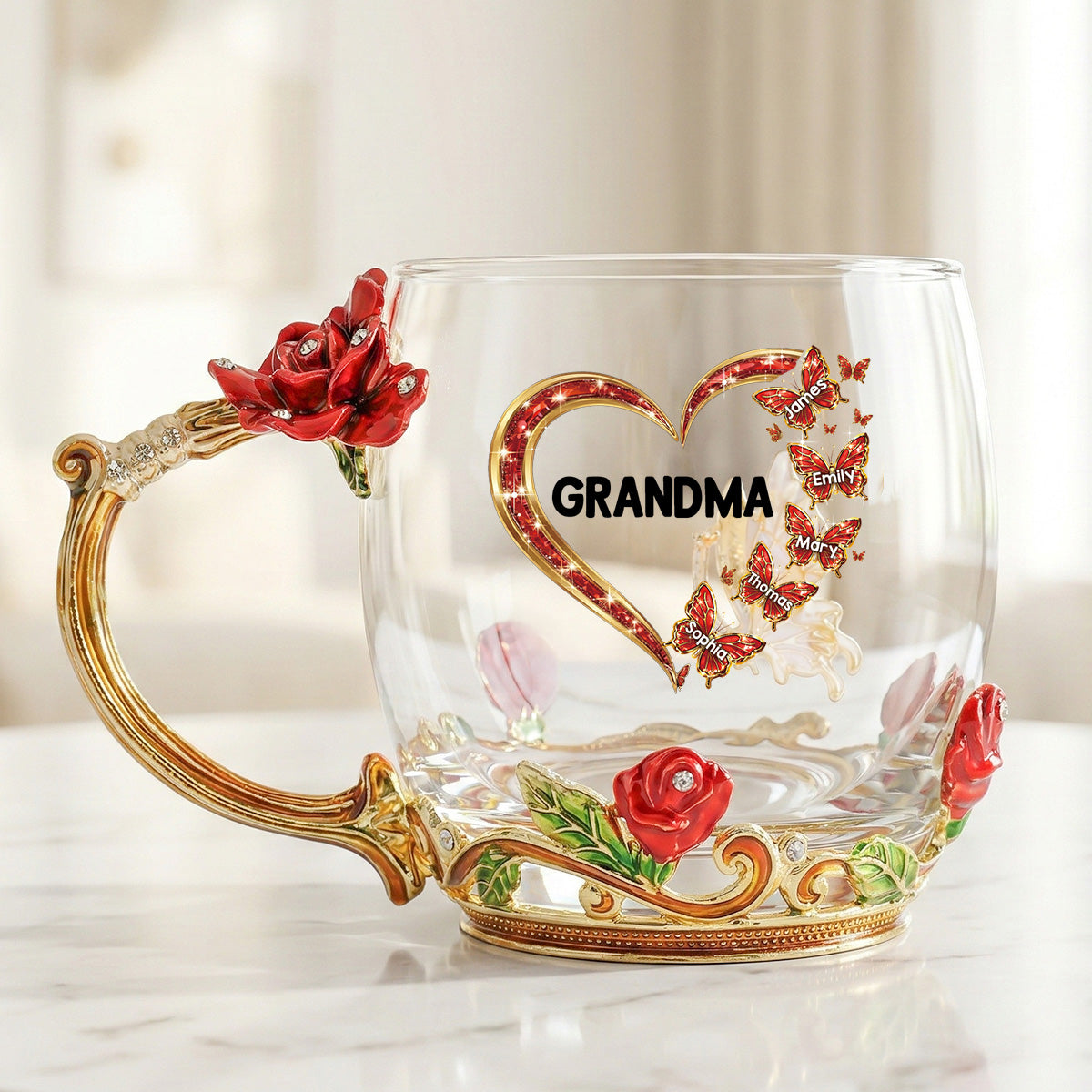 Grandma Butterflies Heart Custom Kids Names - Personalized Enamel Flower Tea Cup - Gift For Grandma, Mom