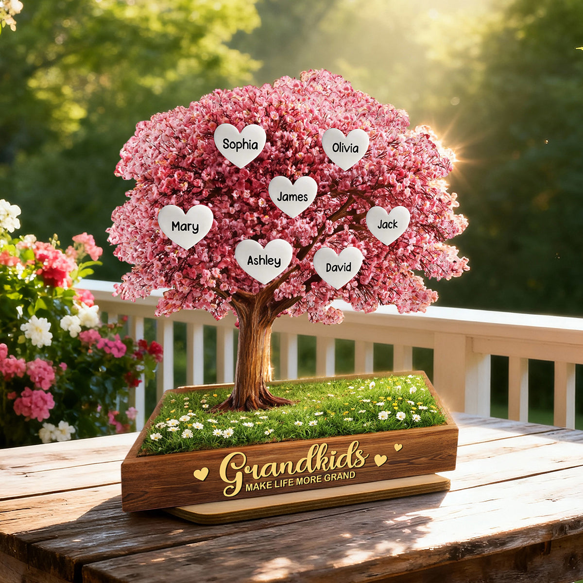 Grandkids Make Life More Grand Family Heart Tree - Personalized 2-Layered Wooden Plaque - Heartfelt Gift for Grandma
