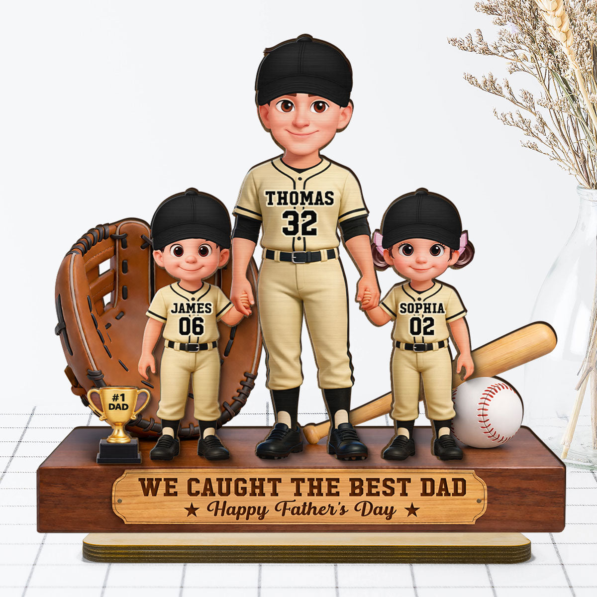 Baseball No.1 Dad We Caught The Best Dad - Personalized 2-Layered Wooden Plaque -  Gift For Dad