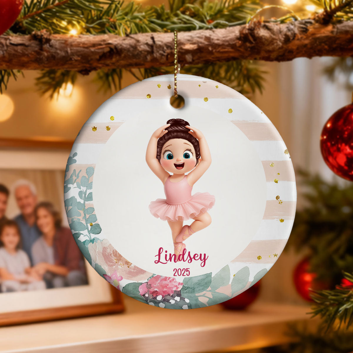 Floral Frame Ballerina Girl - Personalized Ceramic Ornament - Christmas Gift For Daughter, Granddaughter