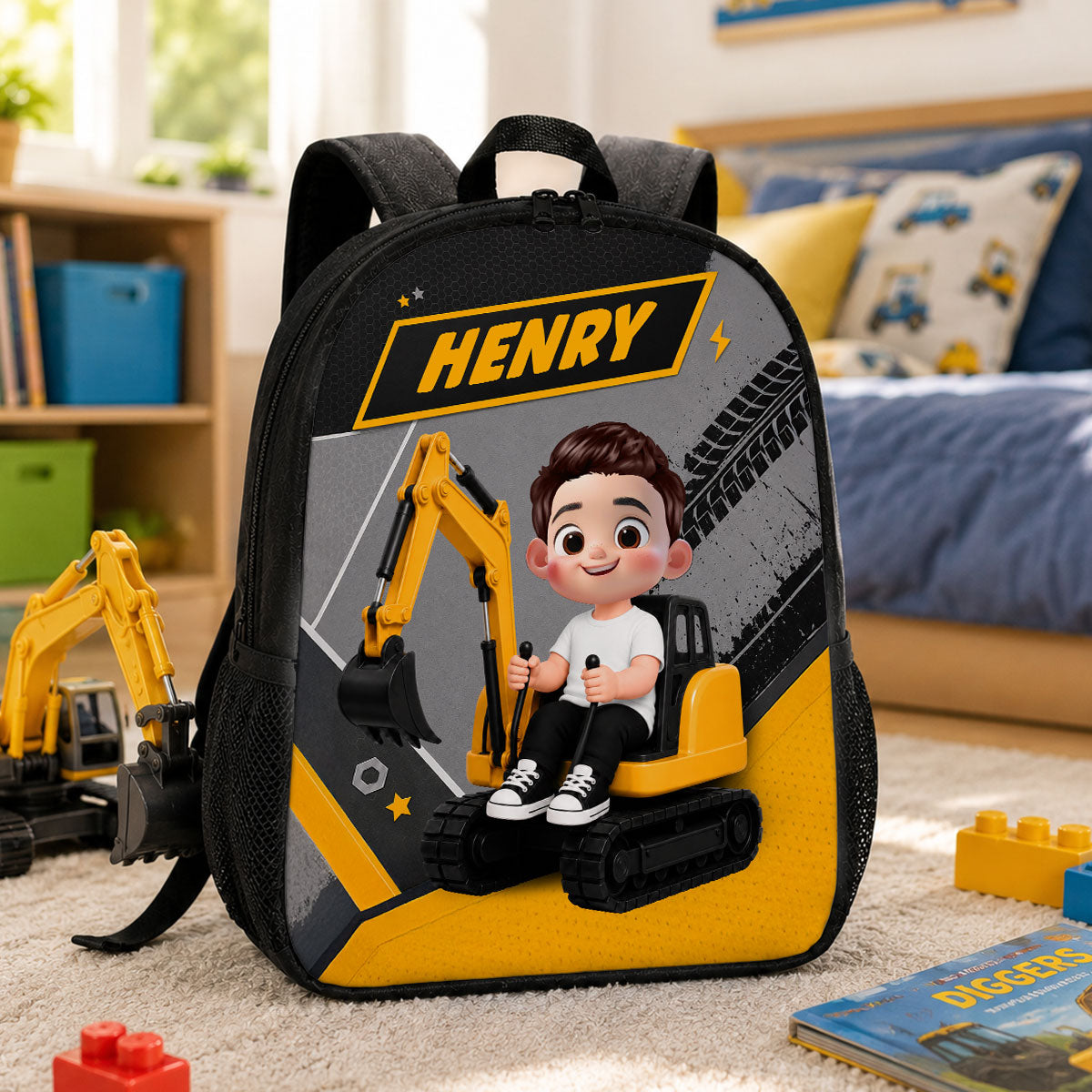 Cute Kid Ride Excavator - Personalized Backpack - Back To School Gift For Kids, Grandkids