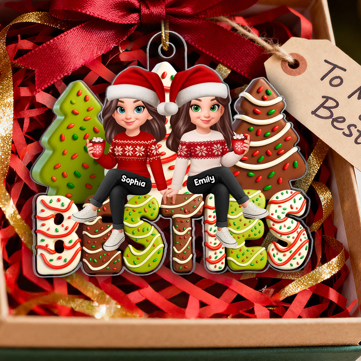3D Effect Christmas Tree Cake Besties - Personalized Acrylic Ornament - Gift For Best Friends