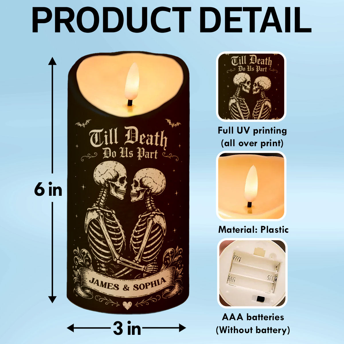 Till Death Do Us Part Skeleton Couple Black Theme - Personalized LED Candle - Halloween Decor For Couple