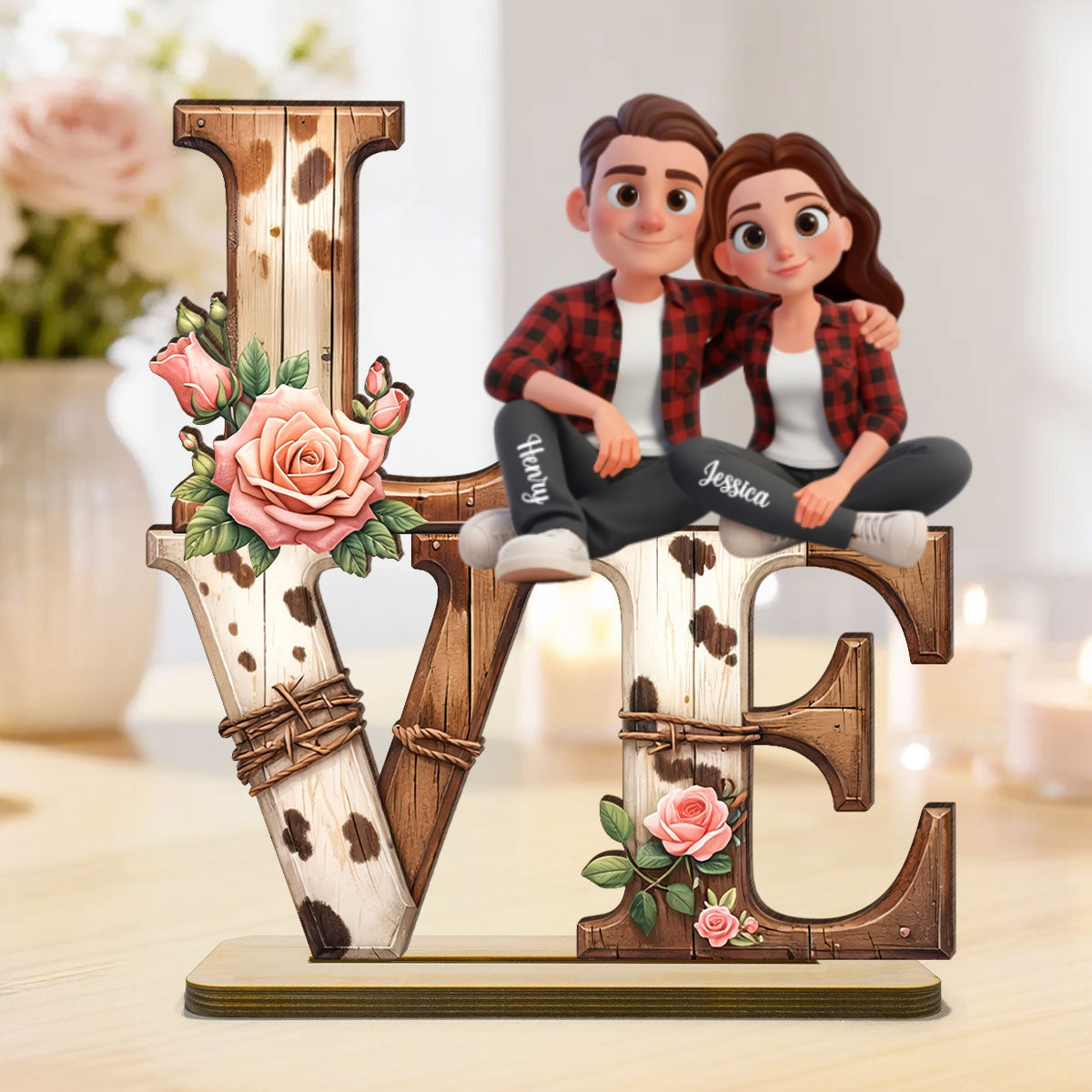 Couple Valentine Highland Cow - Personalized 2-Layered Wooden Plaque - Anniversary, Valentine's Day Gift, Gift For Him, Gift For Her