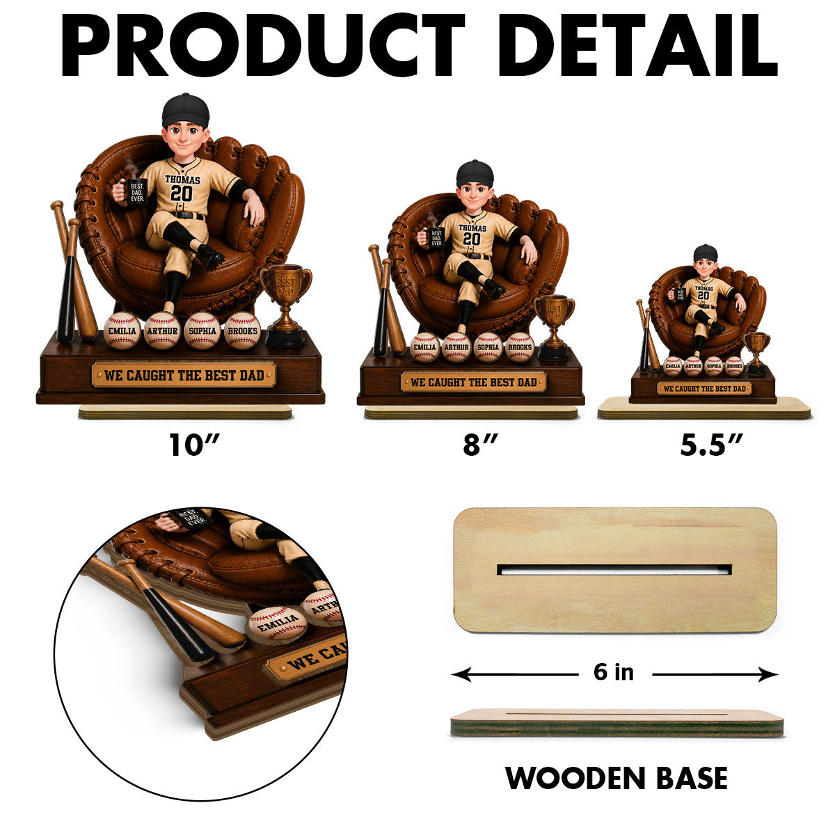 Baseball Dad Sitting On Glove With Kids Names 2D Flat - Personalized Wooden Plaque