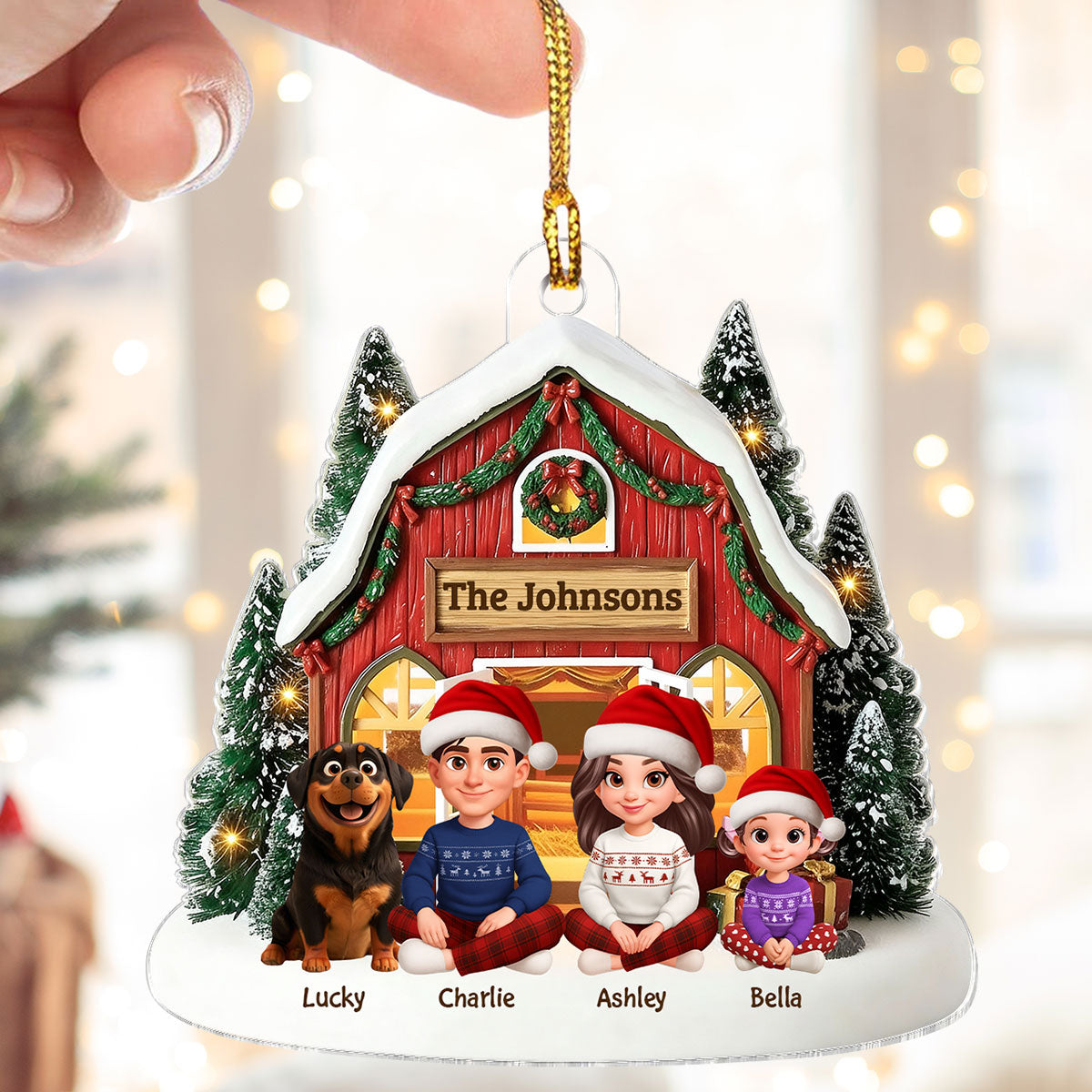 3D Effect Christmas Barn House Family Sitting Together - Personalized Acrylic Ornament