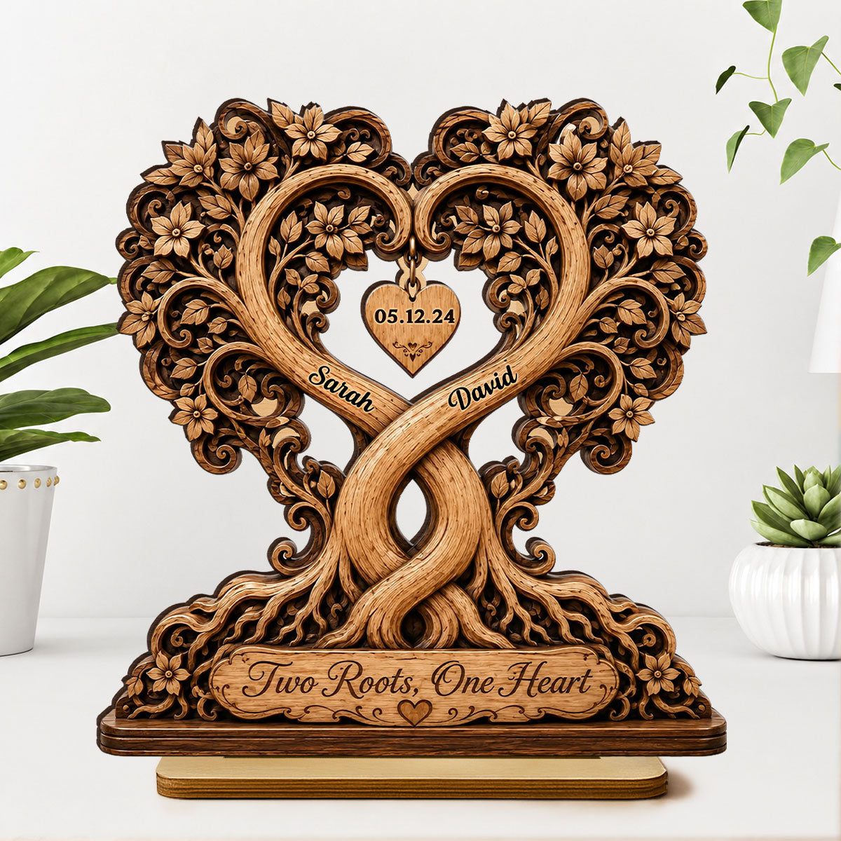 Two Roots One Heart Couple - Personalized 2-Layered Wooden Plaque - Heartfelt Anniversary Gift for Her, for Him