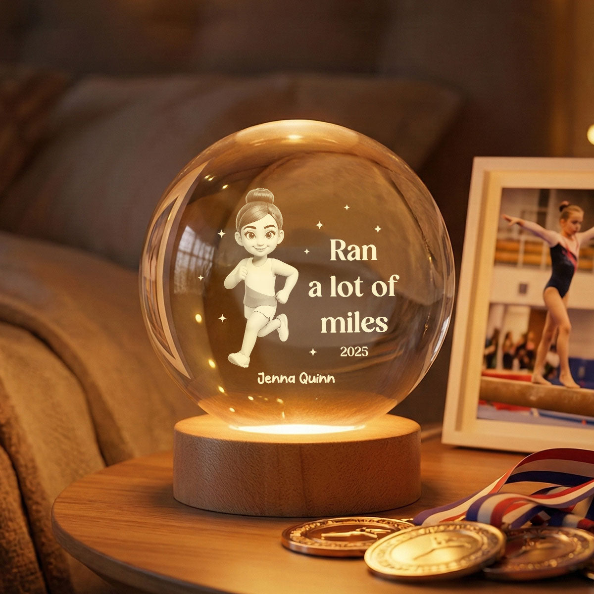 Ran A Lot Of Miles Running Boy Girl - Personalized Crystal Ball LED Night Light - Gift for Marathon Runner, Track Senior Night Gift