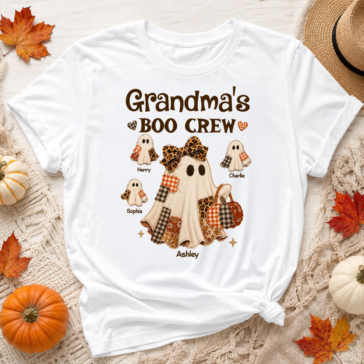 Grandma Fall Season Halloween Faux Patchwork Pattern Coquette - Personalized Shirt - Halloween Gift For Grandma