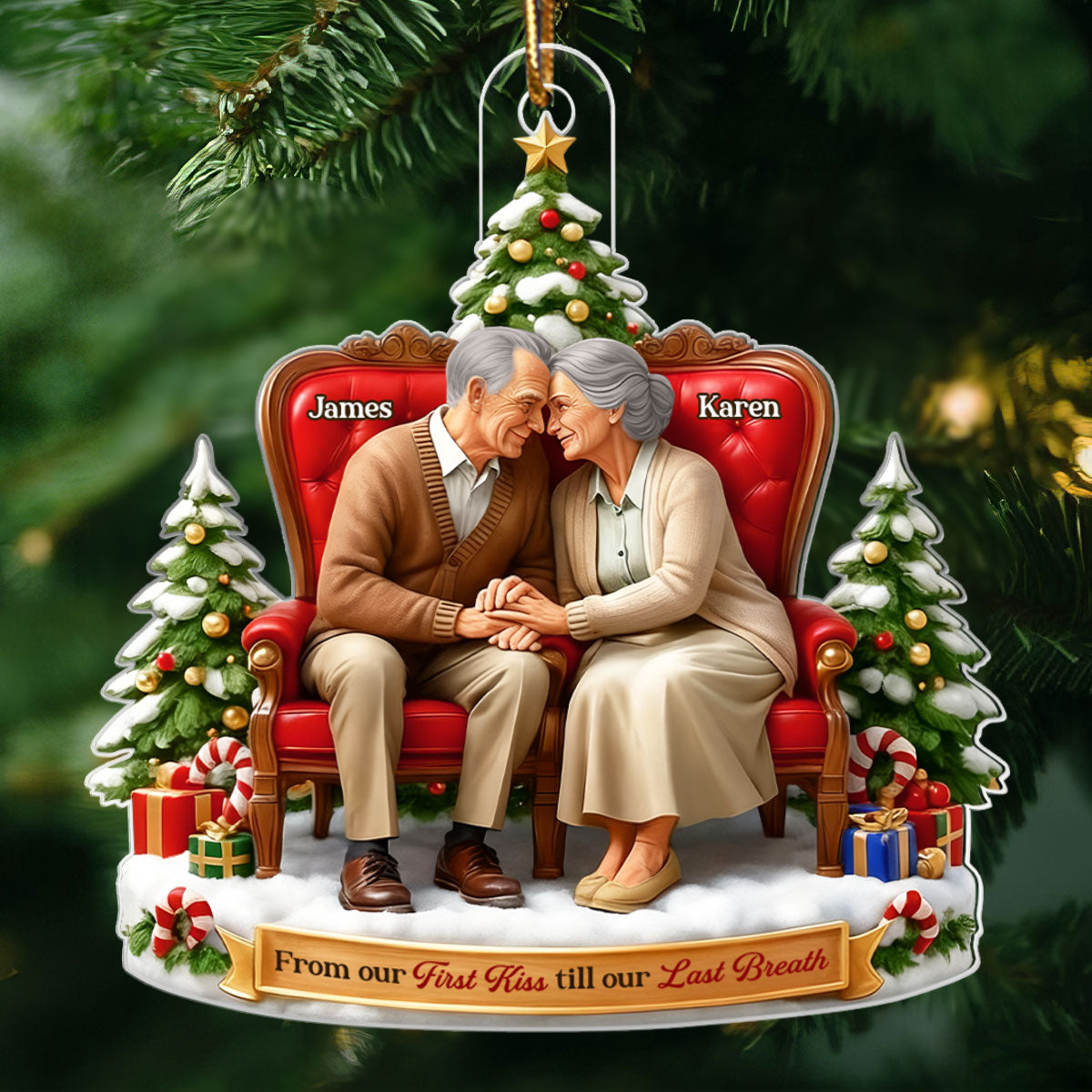 Old Couple Sitting Together from Our 1st Kiss til Our Last Breath - Personalized Acrylic Ornament - Christmas Gift for him, Gift for her