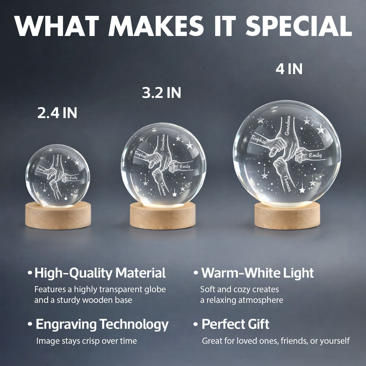 Mom Grandma Kids Holding Hands - Personalized Crystal Ball LED Night Light - Sentimental Mother's Day Gift for Mom, Grandma, Wife
