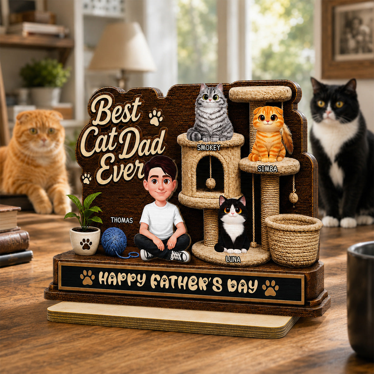 Best Cat Dad Ever Man Sitting Cute Cats On Cat Tree 2D Flat - Personalized 2-Layered Wooden Plaque -  Gift For Cat Dad