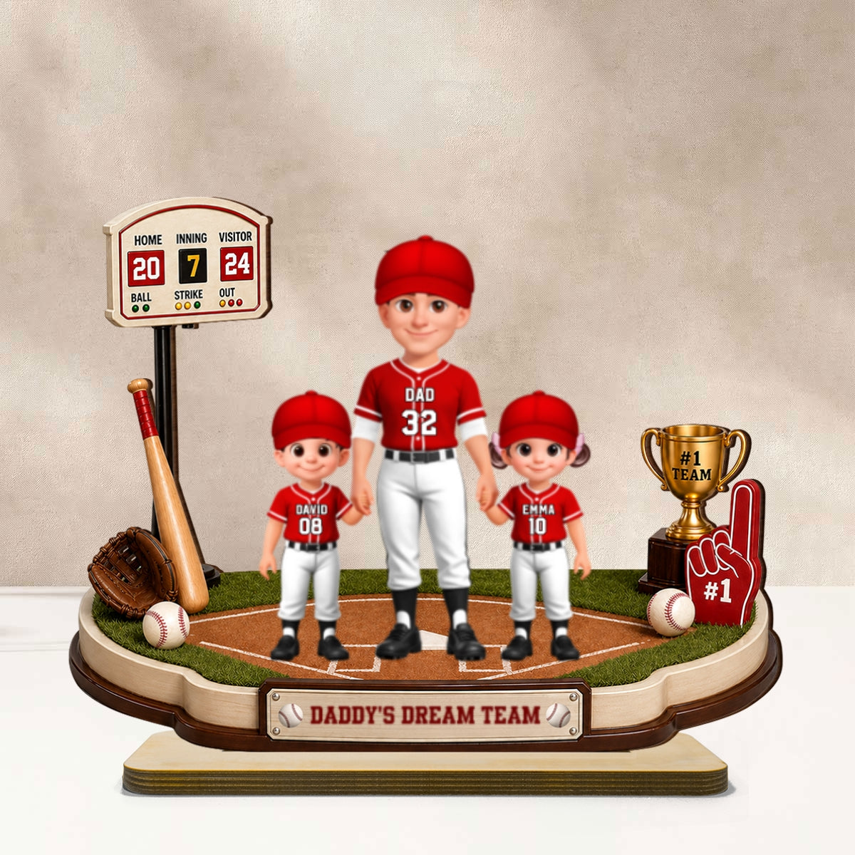 Daddy's Dream Team Baseball Dad Kids - Personalized 2-Layered Wooden Plaque - Heartfelt Gift For Baseball Dad, Gift For Husband
