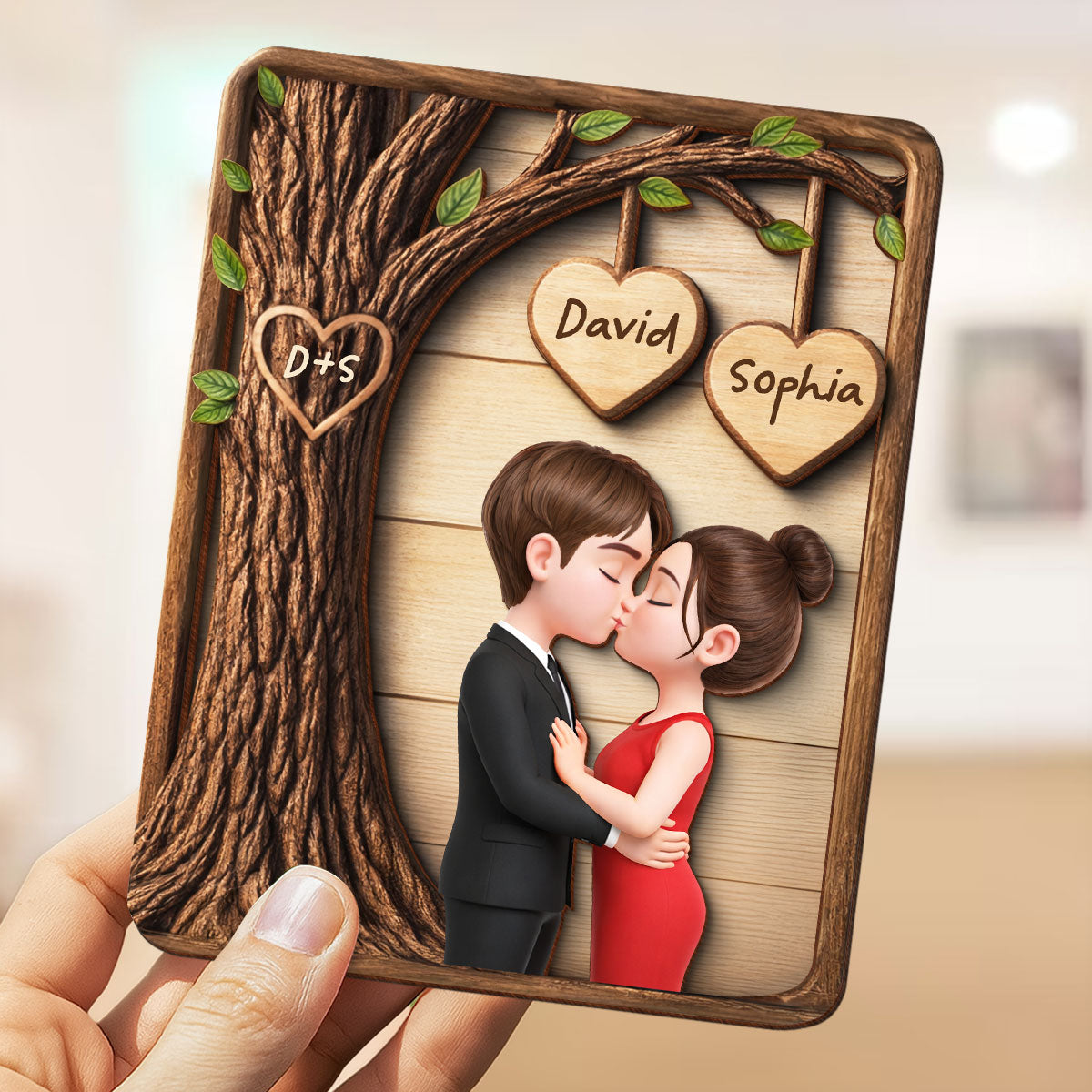 Couple Kissing Under Tree - Personalized 2-Layered Wooden Plaque - Sentimental Valentine's Day Gift for Her, for Him