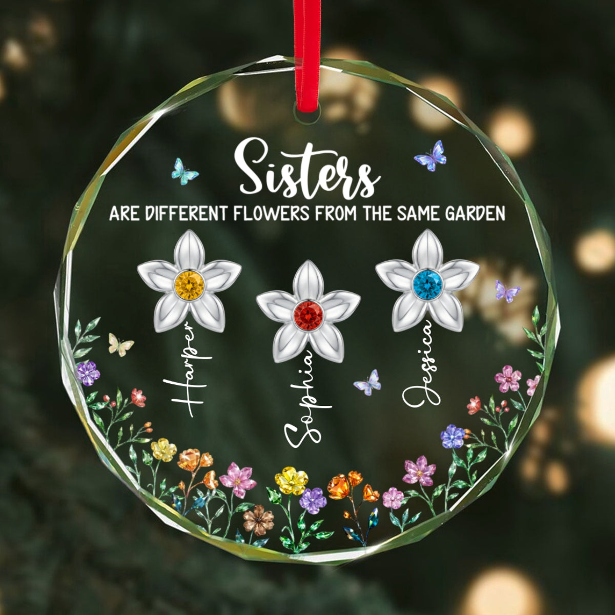 3D Birthstone Effect Custom Color Sisters Different Flowers From Same Garden - Personalized Glass Ornament - Gift For Sisters