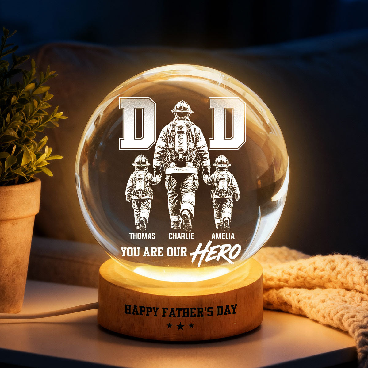 Proud Firefighter Dad You Are Our Hero - Personalized Crystal Ball LED Night Light -  Gift For Dad, Husband