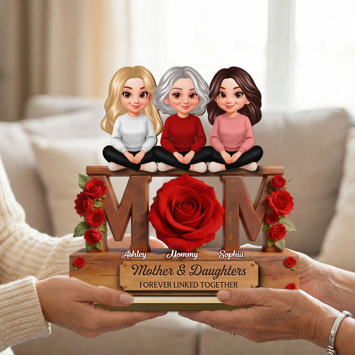 Beautiful Roses MOM And Daughters Sons - Personalized 2-Layered Wooden Plaque - Gift For Mom