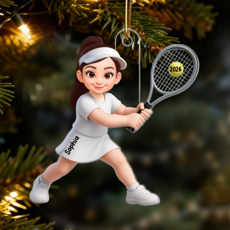 3D Effect Christmas Girl Boy Playing Tennis - Personalized Acrylic Ornament - Gift For Tennis Players, Grandson, Granddaughter