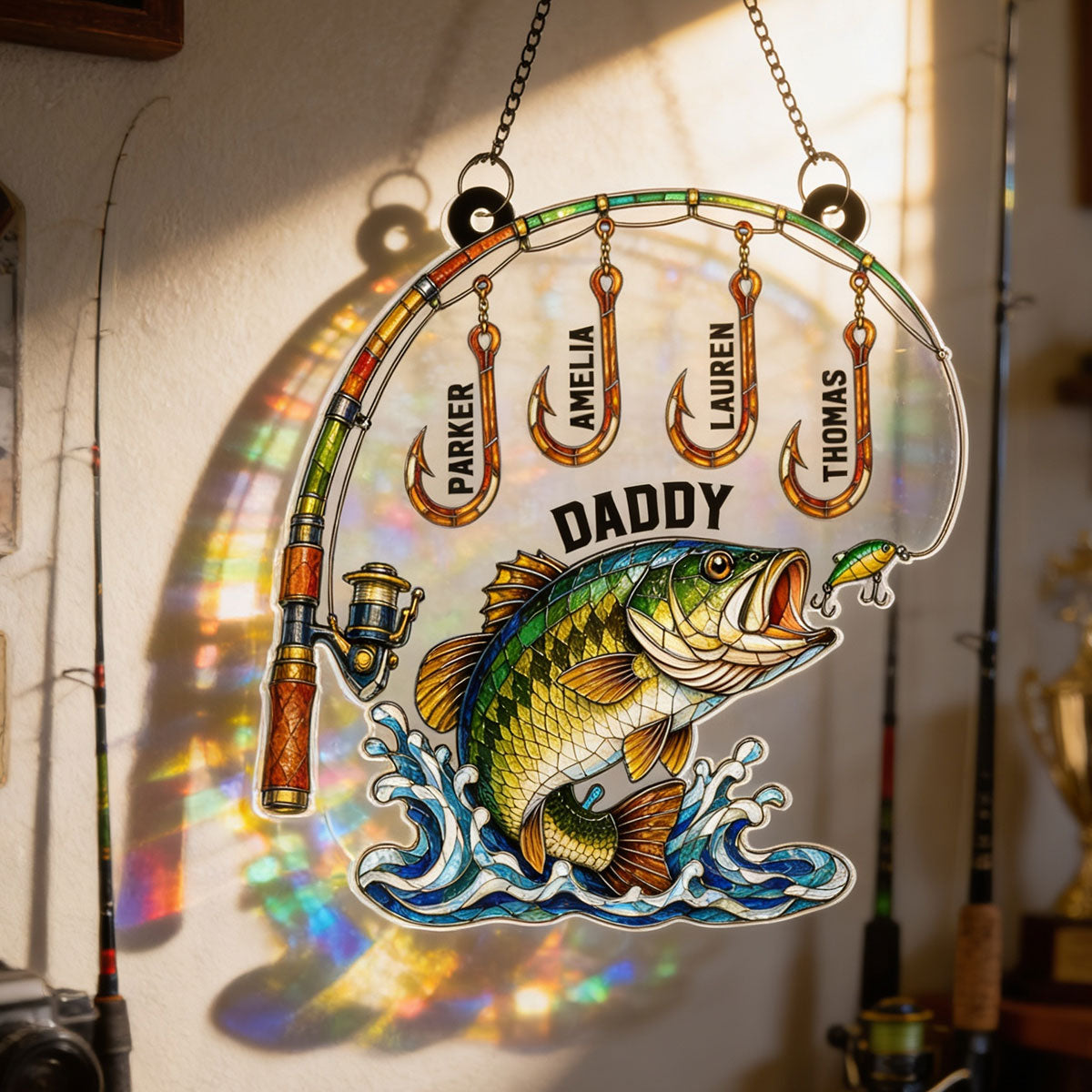Fishing Daddy With Kids Names - Personalized Suncatcher - Heartfelt Gift For Fishing Dad, Gift For Husband