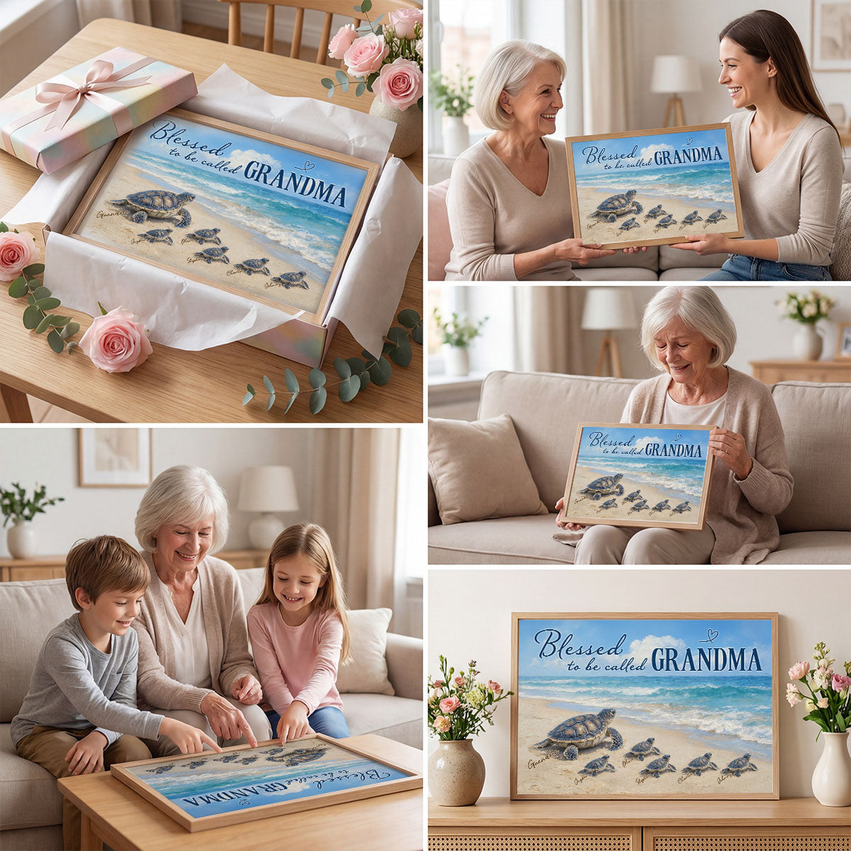 Grandma Turtle's Little Grandkids by the Shore - Personalized Poster - Mother's Day Gift For Mom, Grandma