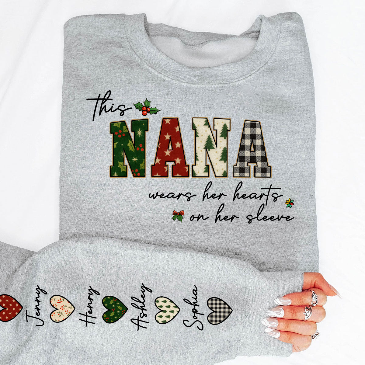 Christmas This Grandma Wears Her Heart Her Sleeve - Personalized Sleeve Printed Sweatshirt