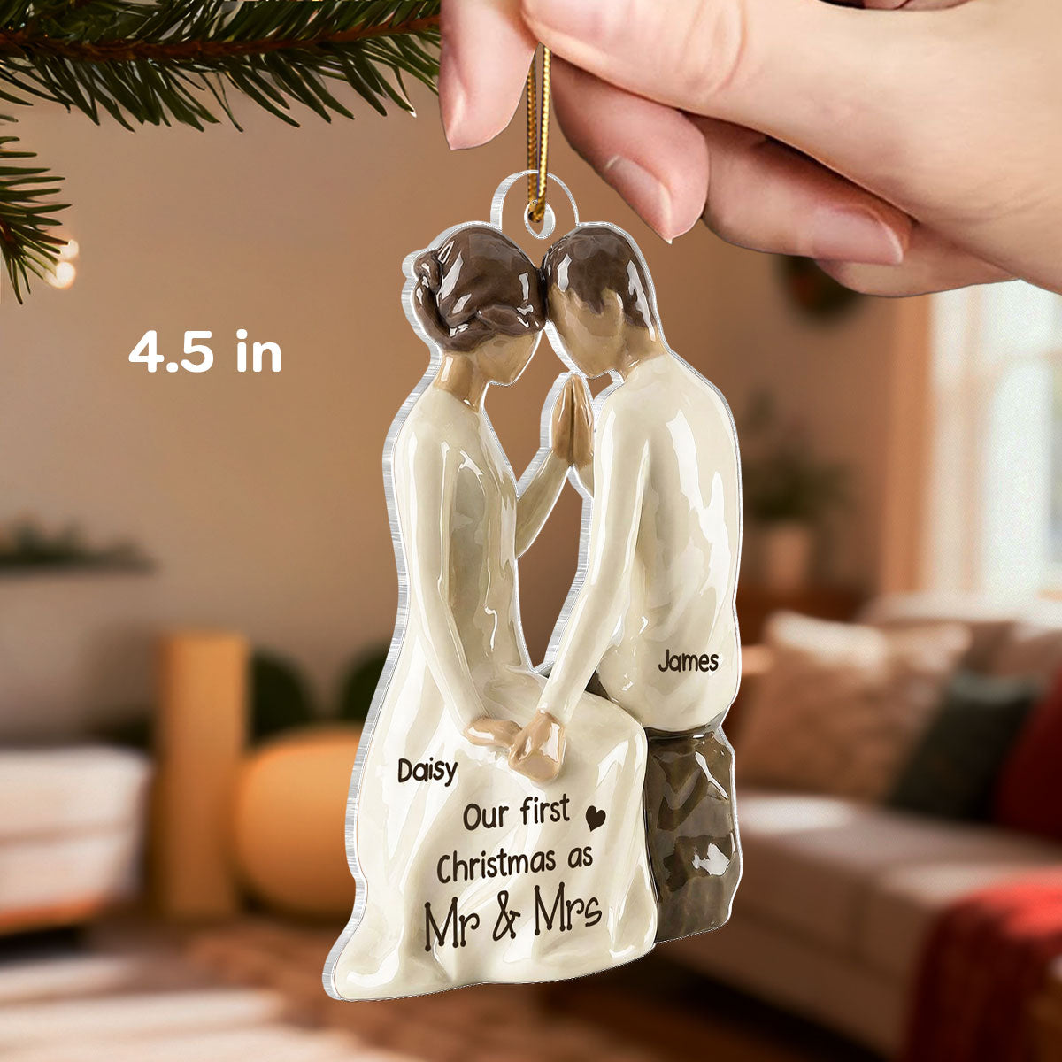 3D Effect Couple Sitting Side By Side - Personalized Acrylic Ornament - Newlyweds Couple Keepsake