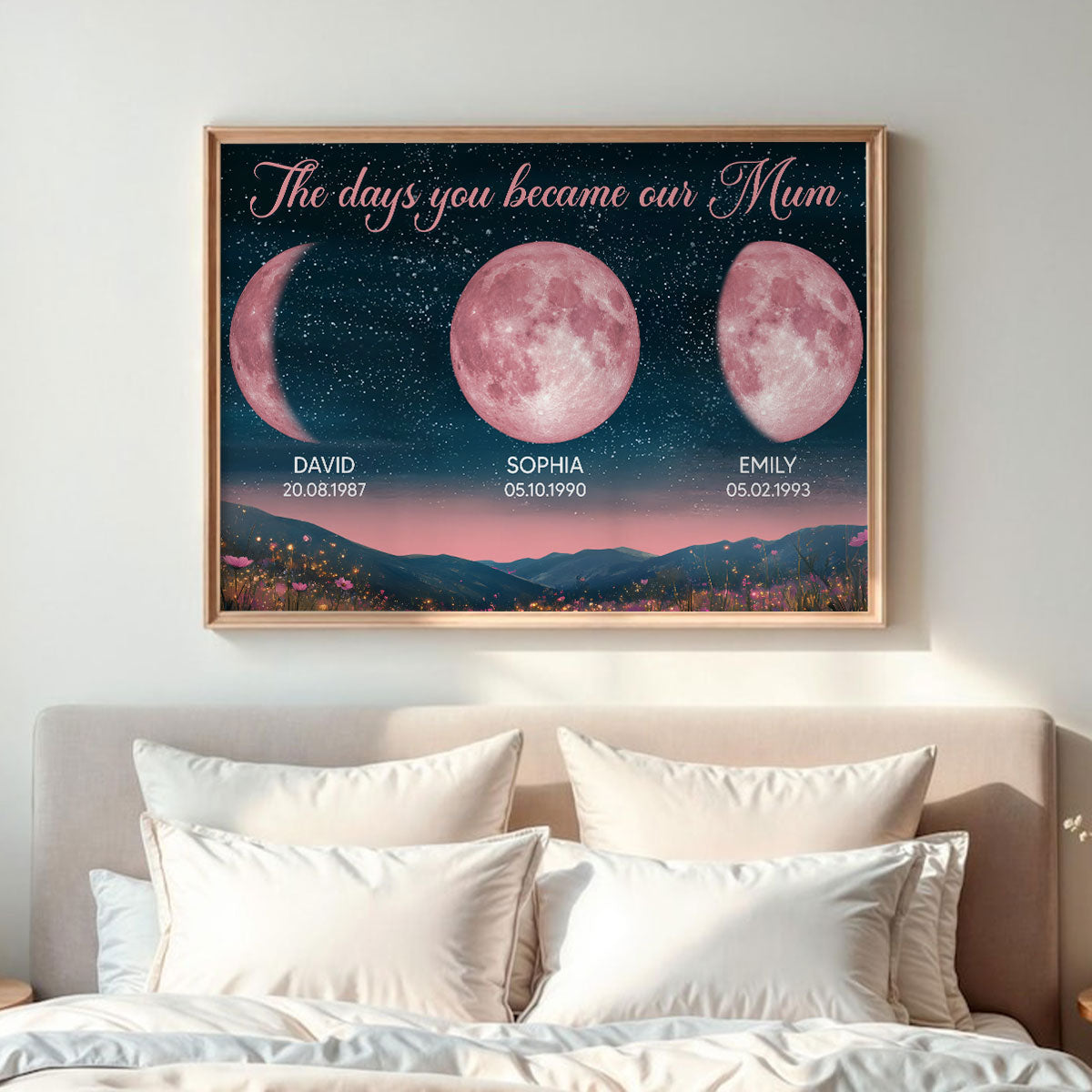 Pink Custom Moon Phase Birth Moon Beautiful Hill At Night - Personalised Poster