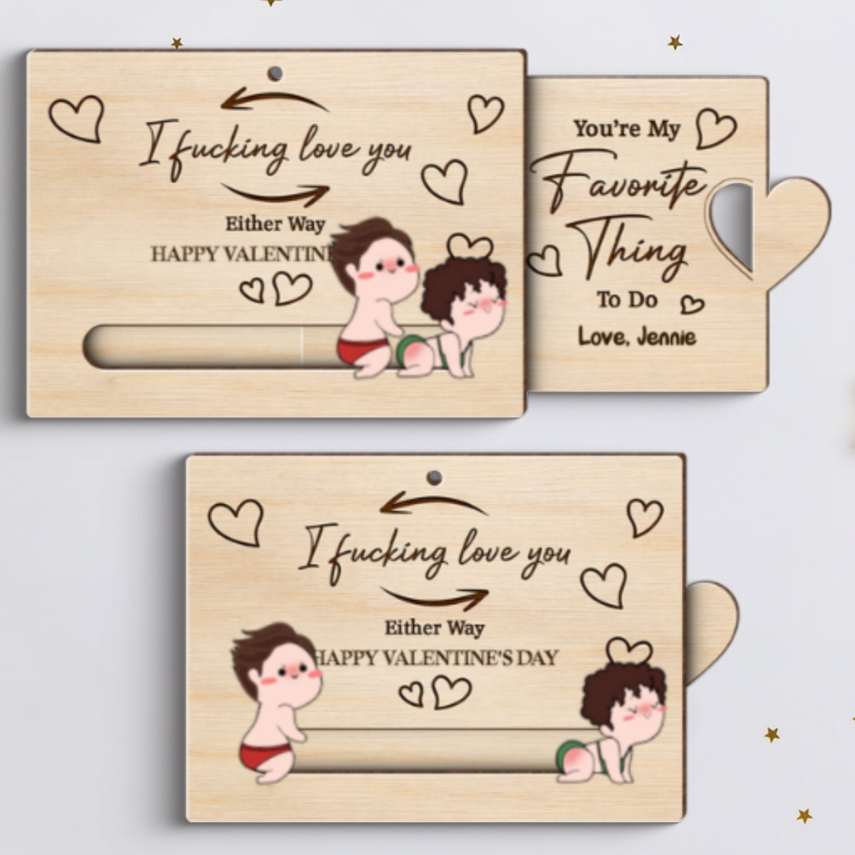 I Fcking Love You Funny Inappropriate Couple Cartoon Style - Personalized Wooden Slider Ornament - Valentine's Day Gift For Him, For Her