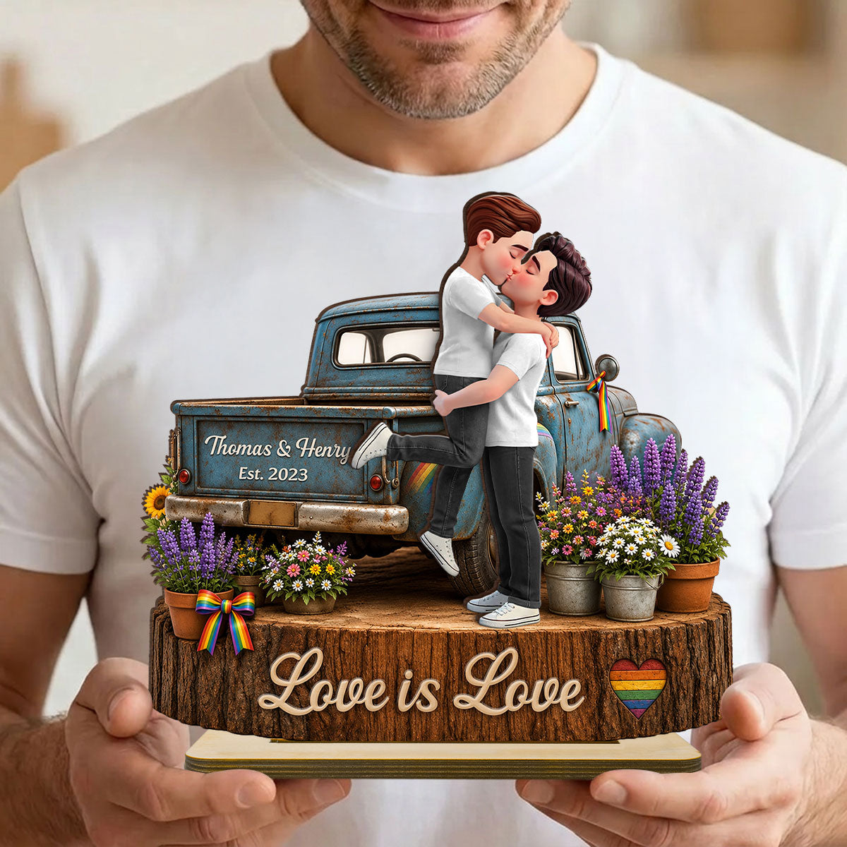 LGBT Couple Pickup Truck Proudly Us - Personalized 2-Layered Wooden Plaque - Gift For Couple, Happy Pride Month