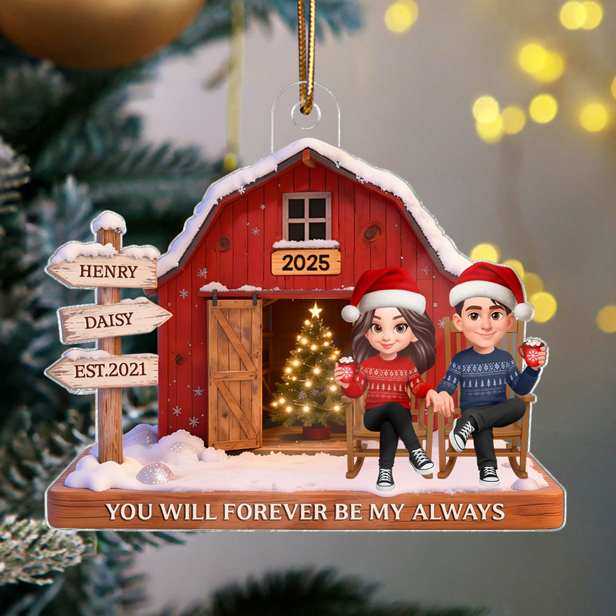 3D Effect Nostalgia Barn House Eternal Love Couple Sign Posts - Personalized Acrylic Ornament - Gift For Couple, For Him, For Her, Farmhouse Decor