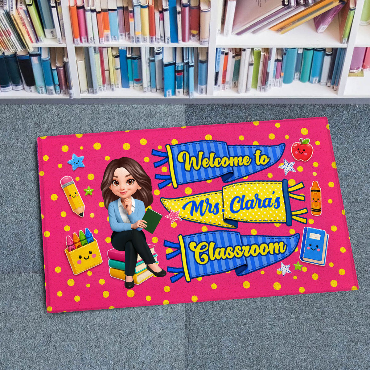 Neon Pennants Flags Teacher Welcome To Classroom - Personalized Doormat - Back To School Gift For Teacher, Classroom Decor
