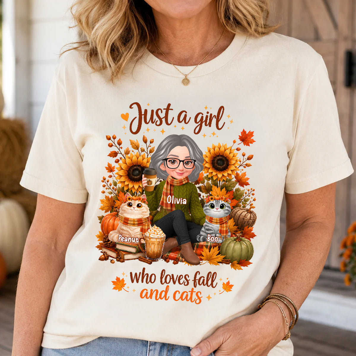 A Girl Who Loves Fall And Her Cats - Personalized Shirt - Fall Season Gift, Gift For Cat Lovers