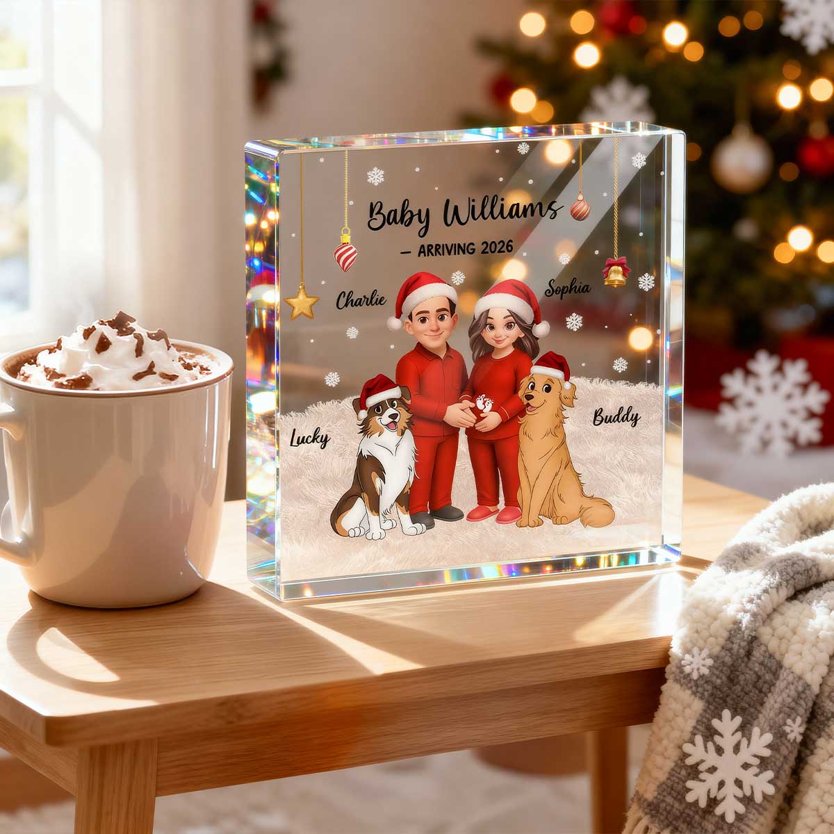 Expecting Parents Christmas Pregnancy Baby Arriving With Dogs Cats - Personalized Square Acrylic Block Plaque